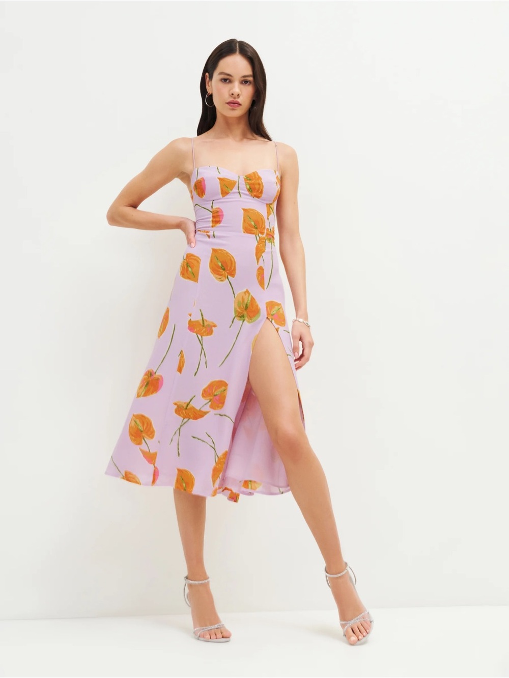 Reformation Lilac Midi Dress with Orange Floral Print - Juliette Dress